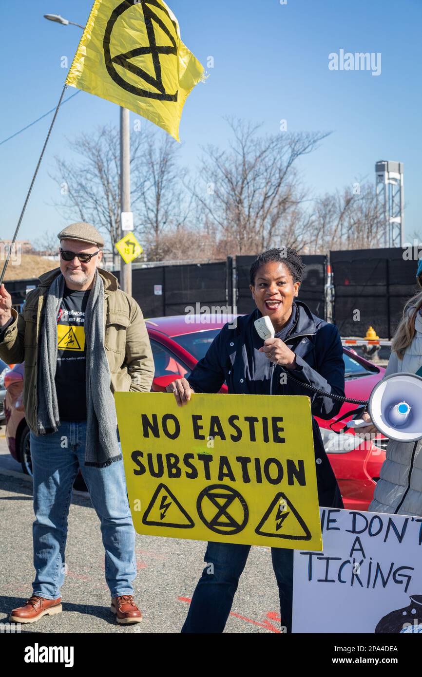 March 10, 2023. East Boston, MA. Massachusetts State Senator Lydia Edwards. Climate activists from the local community, residents, Extinction Rebellio Stock Photo