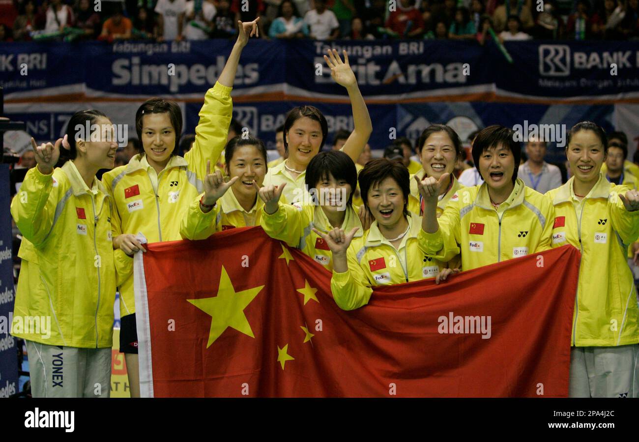 Chinas team celebrates after defeating Indonesia in the Uber Cup badminton championship final at Istora Senayan stadium in Jakarta, Indonesia, Saturday, May 17, 2008