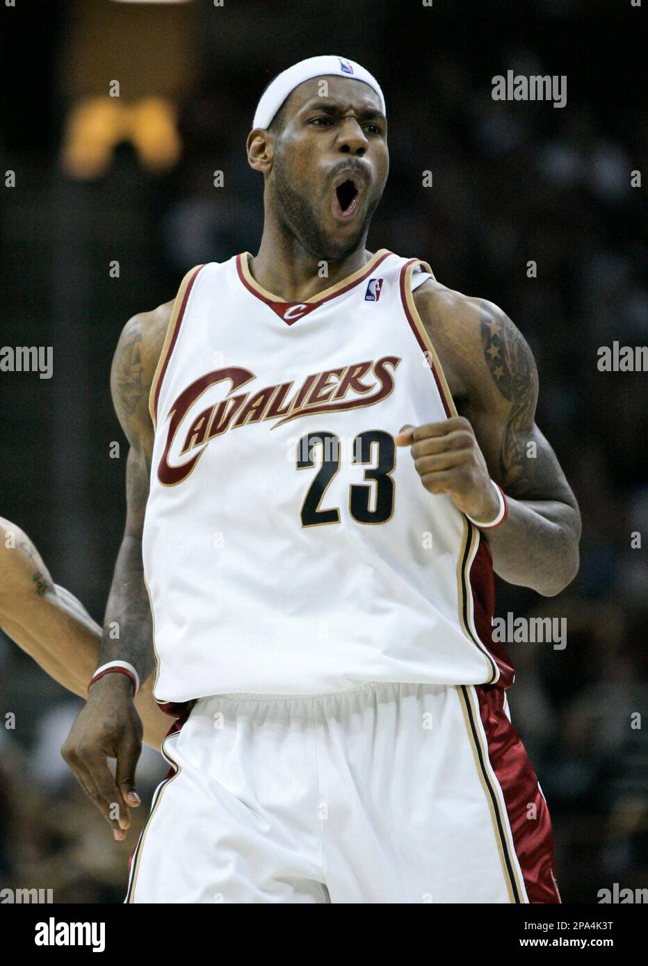 Cleveland Cavaliers LeBron James celebrates after making a shot
