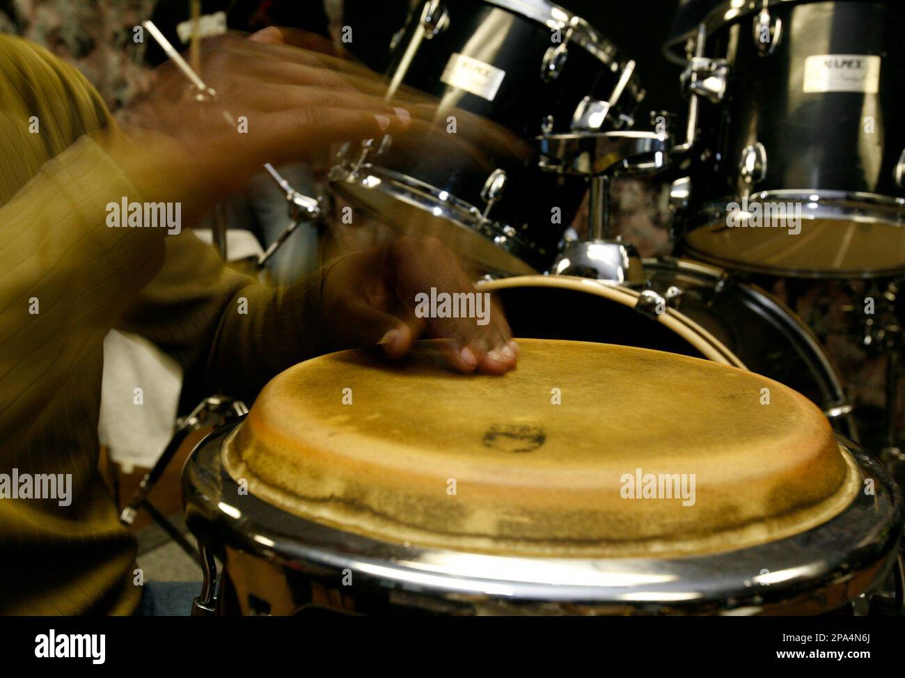 Camille Armond plays the conga drums with the Magnum compas band during ...