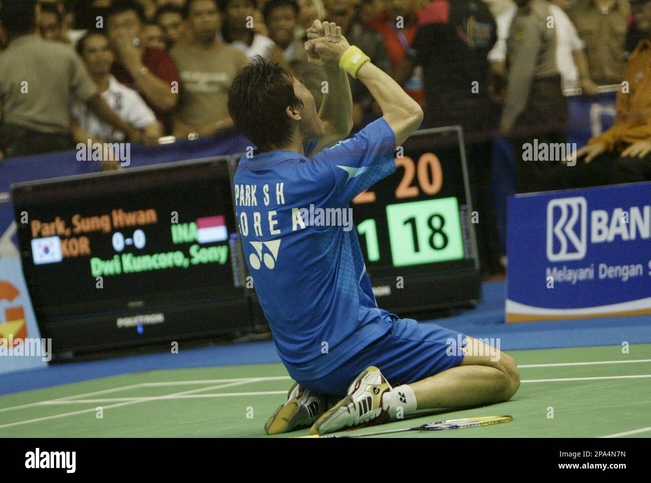 South Korean Park Sung Hwan reacts after defeating Sony Dwi Kuncoro of Indonesia during their semi final at the Thomas Cup badminton championship match at Istora Senayan stadium in Jakarta, Indonesia, Friday,