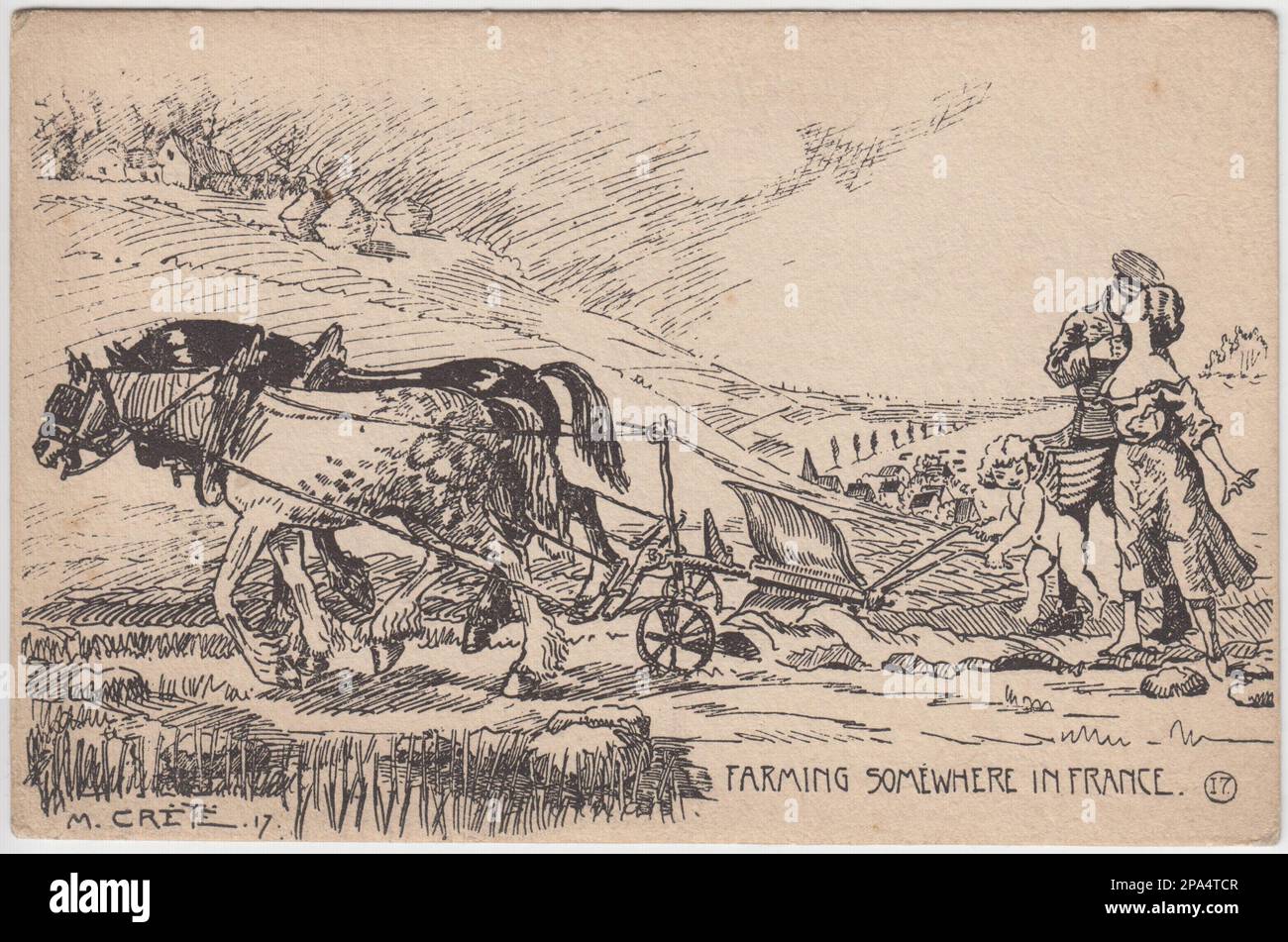 'Farming somewhere in France', 1917: First World War cartoon by M. Crete. It shows a British soldier kissing Marianne, the symbol of France, while a winged cupid ploughs up a field with a plough drawn by two horses. A French village on a hill is in the background Stock Photo