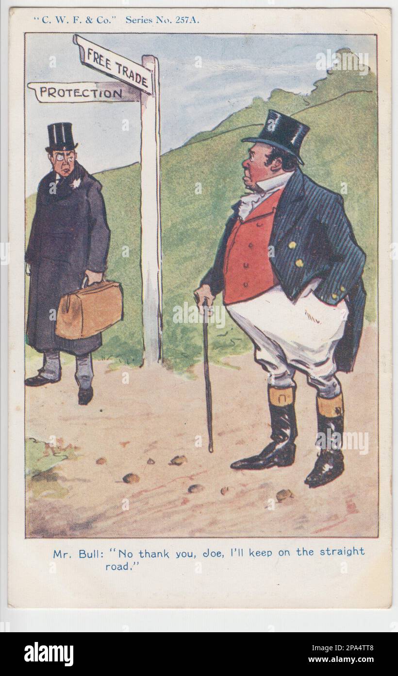 Joseph Chamberlain and John Bull at the fiscal crossroads: cartoon showing John Bull, representing Britain, refusing to follow the politician Joseph Chamberlain down the road of protection and away from the economic policy of free trade. Caption: 'Mr Bull: 'No thank you, Joe, I'll keep on the straight road.'' Stock Photo