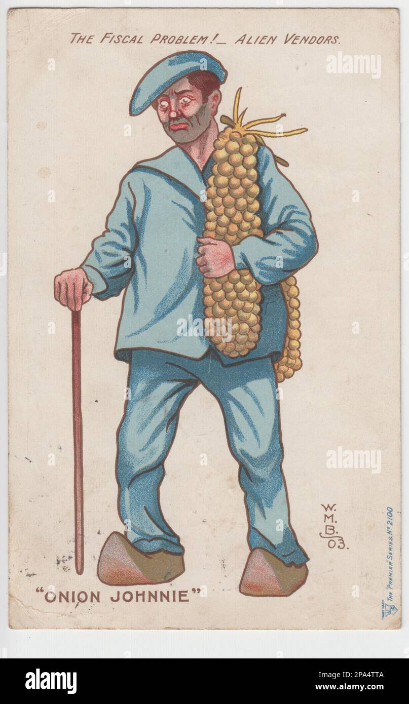 'The fiscal problem! ... Alien vendors. 'Onion Johnnie'': 1903 cartoon of a stereotypical French or Breton onion seller, wearing blue suit and clogs, carrying a stick and strings of onions, and looking unshaven. The cartoon was published as a postcard as part of the early 20th century campaign in Britain in support of economic protectionism (or tariffs) and against free trade, headed by the politician Joseph Chamberlain Stock Photo