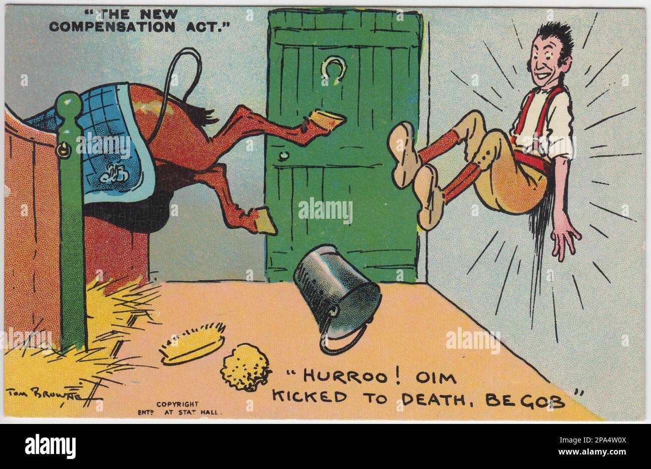 'The new Compensation Act', 'Hurroo! Oim kicked to death, be Gob': Cartoon by Tom Brown showing a stable hand or groom being kicked up against the wall by a horse. He is shown as celebrating the injury as the 1906 Workmen's Compensation Act would give him the legal right to financial compensation. He is also speaking in a cod Irish accent Stock Photo