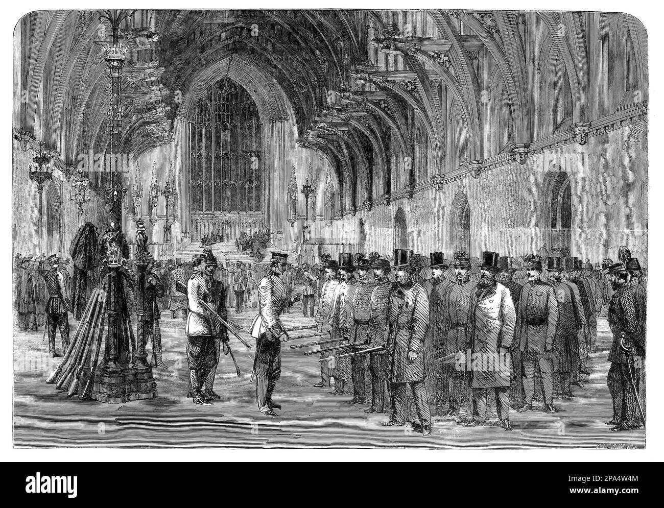 The Rifle Corps practising formal display in Westminster Hall, Westminster Hall, the oldest existing part of the Palace of Westminster, in London, England, erected in 1097 by King William II ('William Rufus'). Stock Photo