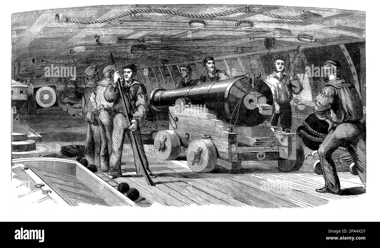 Gun practice in 1860 on HMS Brilliant (1814), a 36-gun fifth rate launched in 1814 and built at Deptford. She was re-rated to 42 guns in 1830, serving with the Channel Fleet, until 1859 when she was passed to the Royal Naval Reserve, initially in London. Stock Photo