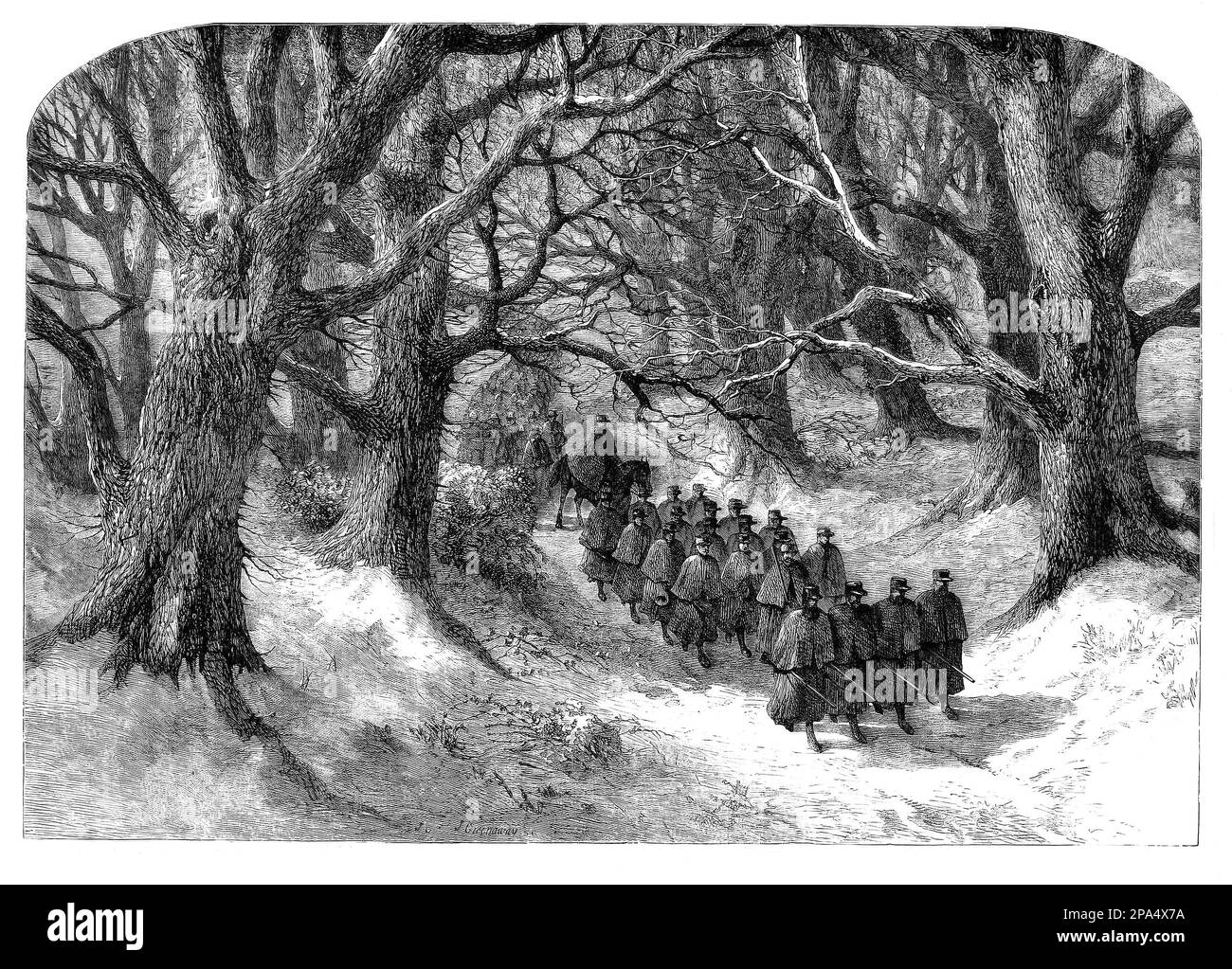 The 1st Surrey Rifles taking a night march through local snow covered woods during Christmas 1860, England. Stock Photo