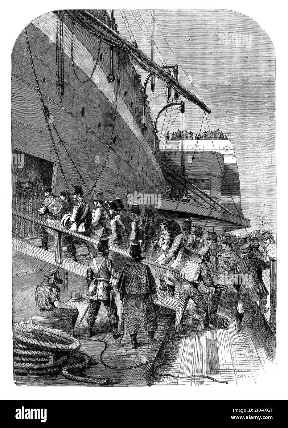 Canadian soldiers boarding SS Great Eastern in 1861, prior to embarkation from her home port of Liverpool. The ship was an iron sail-powered, paddle wheel and screw-propelled steamship designed by Isambard Kingdom Brunel. Stock Photo