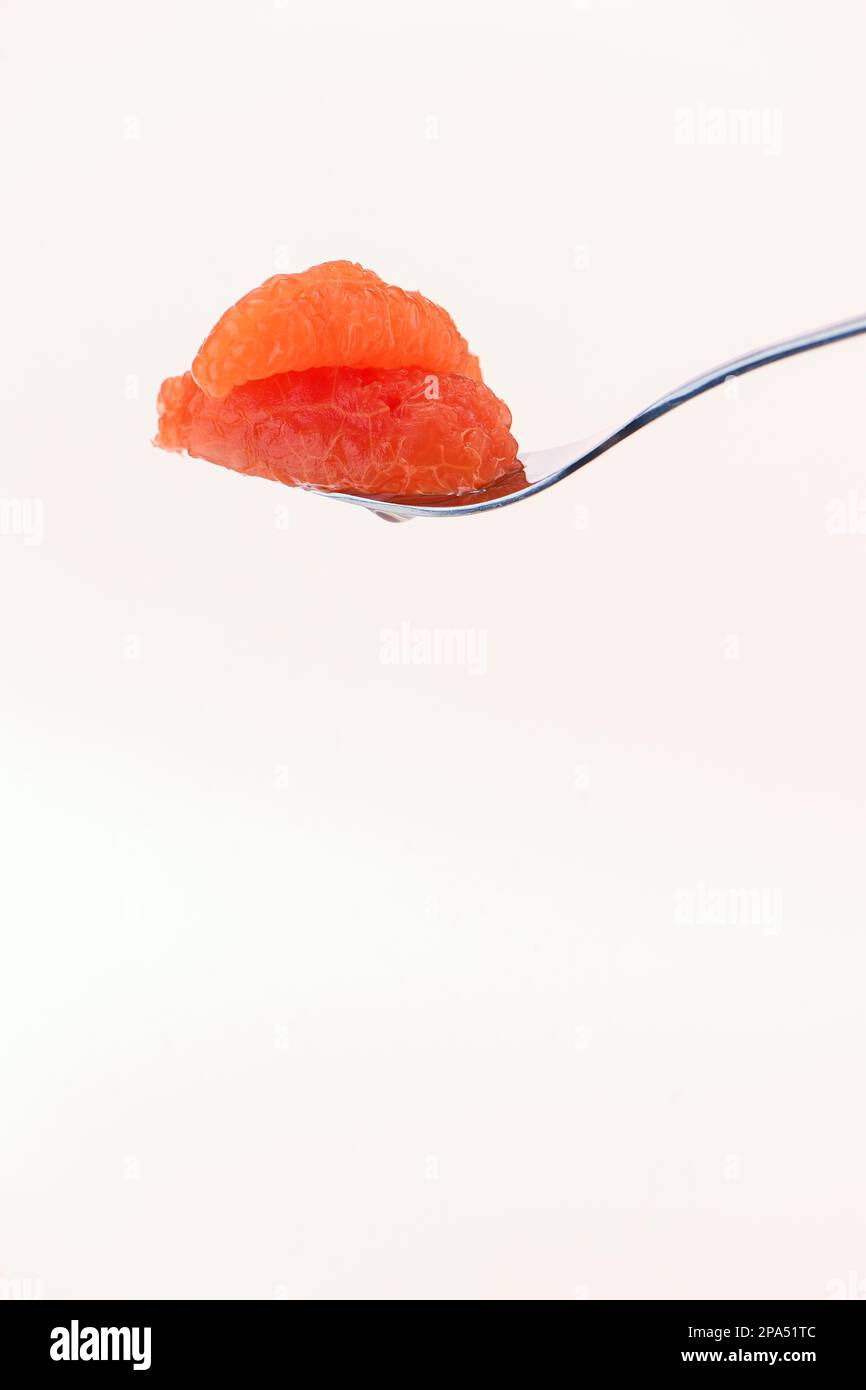 A single segment of grapefruit on a fork for ready to eat against a