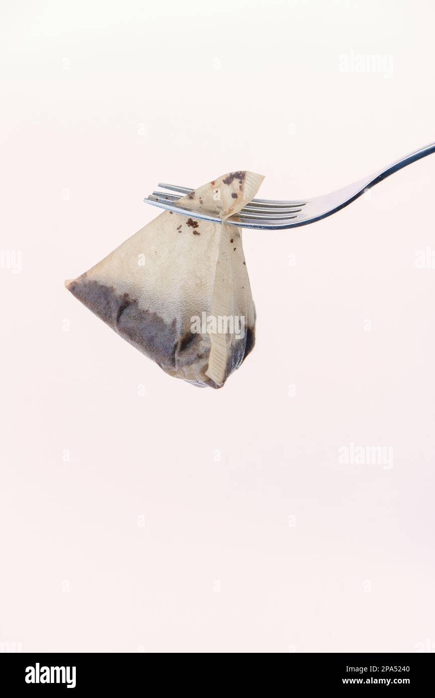 Used triangle tea Bag hanging from a fork against a white background. Tea Bag is PG tips biodegradable plant based no plastic. Stock Photo