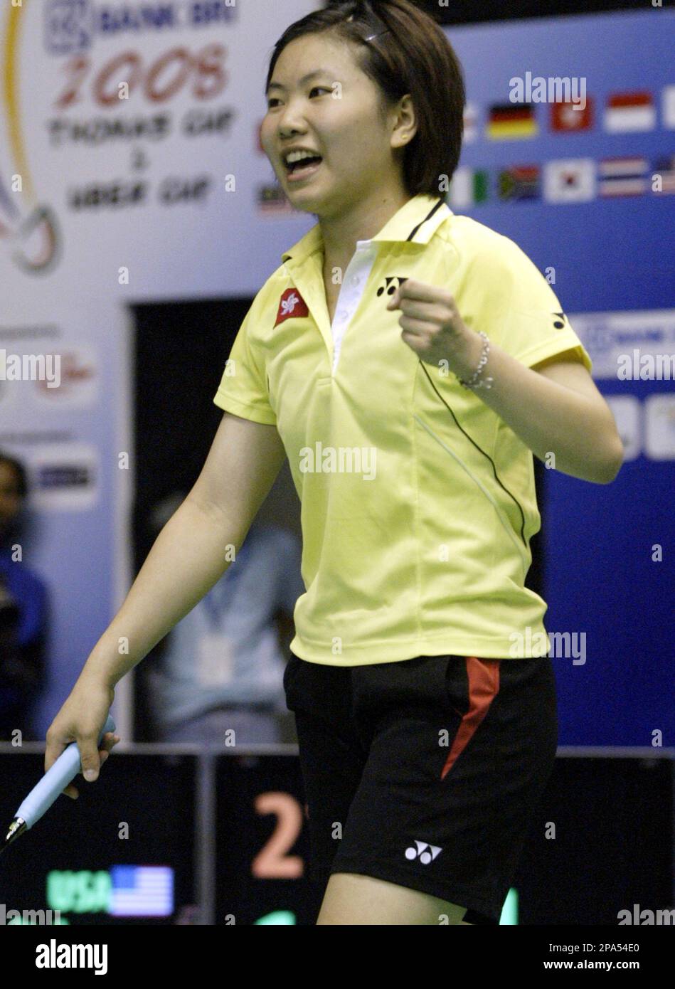Hong Kongs Mong Kwan Yi reacts as she wins a point agains Lauren Todt of the United States during their Thomas Uber Cup badminton championship match at Istora Senayan in Jakarta, Indonesia,