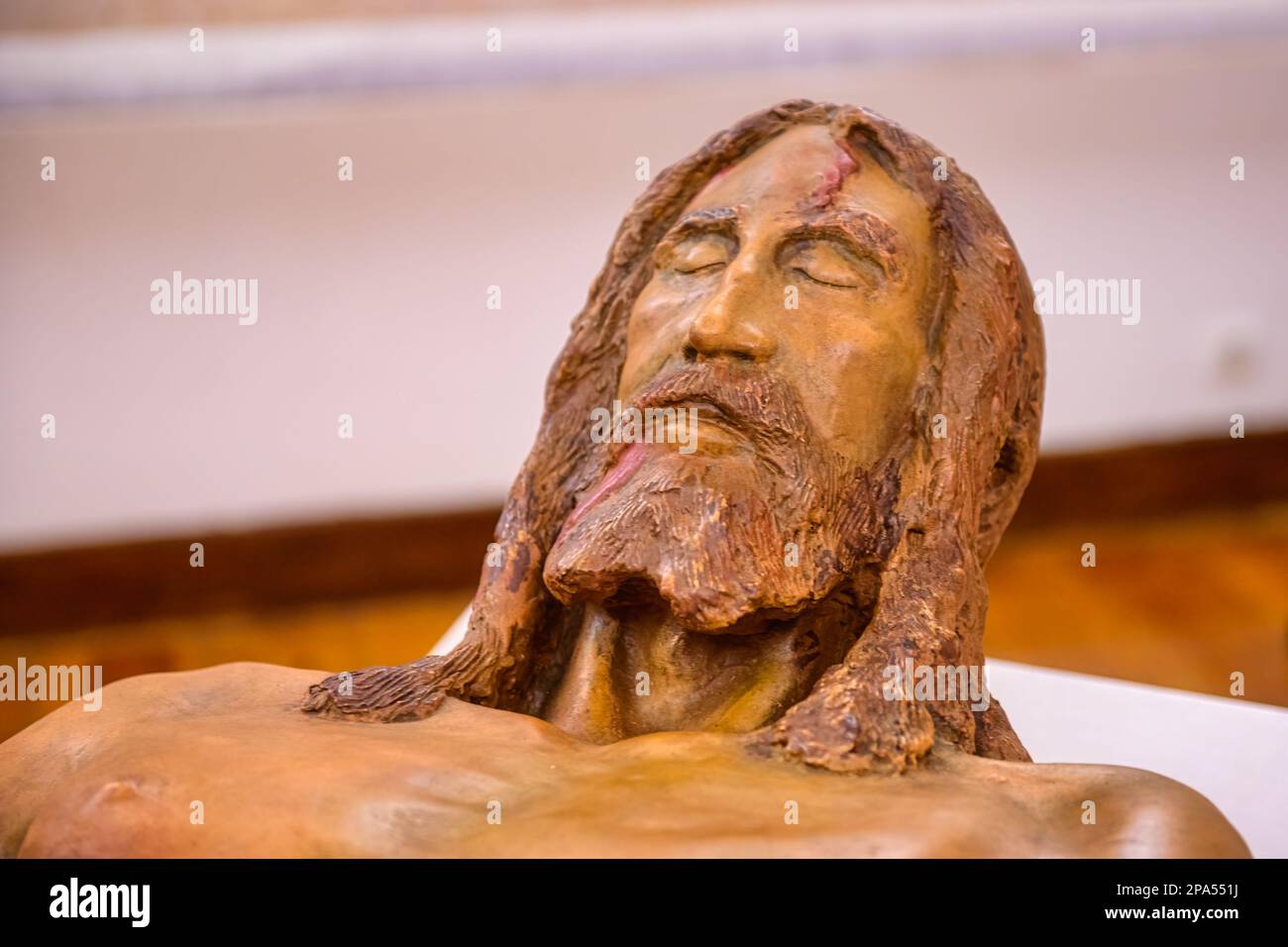 3D art sculpture of Jesus Christ based in the Turin Shroud.Church of Saint Mary Magdalene, Lisbon, Portugal Stock Photo