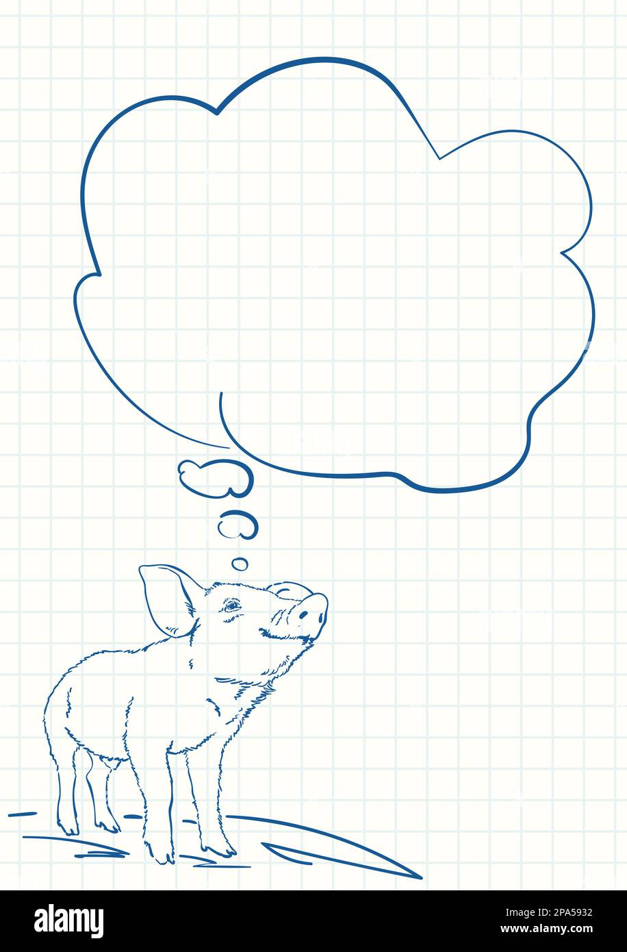 Pig with thought bubble, Blue pen sketch on square grid notebook page