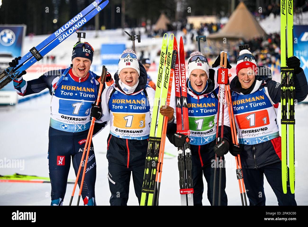 ÖSTERSUND 20230311Norway's winning team (from left) Vetle Sjastad Christiansen, Johannes Dale, Vebjorn Sorum and Endre Stromsheim after finishing the Stock Photo