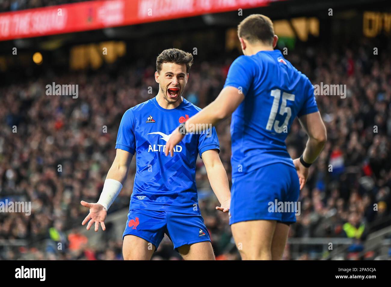 Thomas Ramos of France celebrates his try during the 2023 Guinness 6