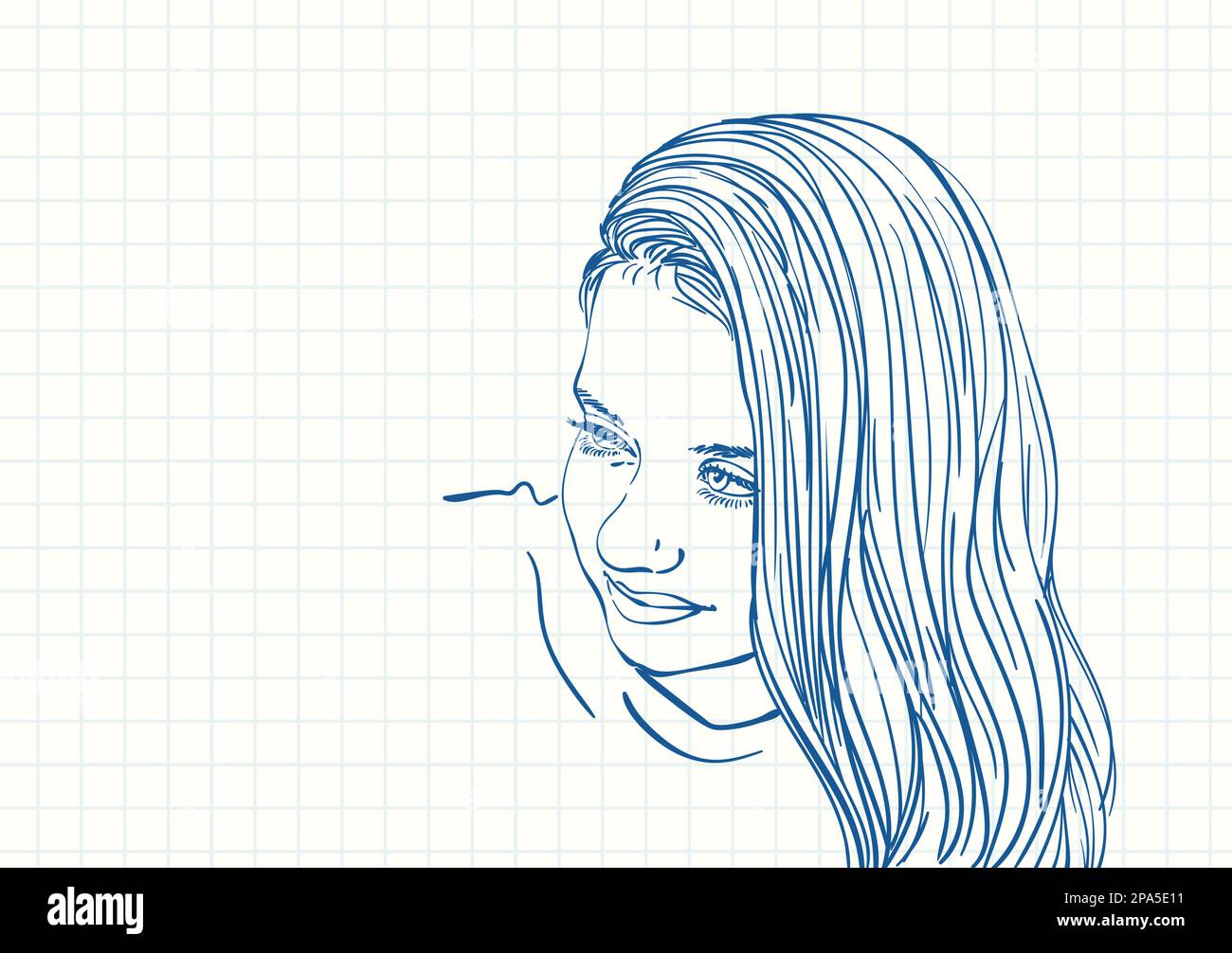 Beautiful shy preteen girl portrait with long hair on one side, Blue ...