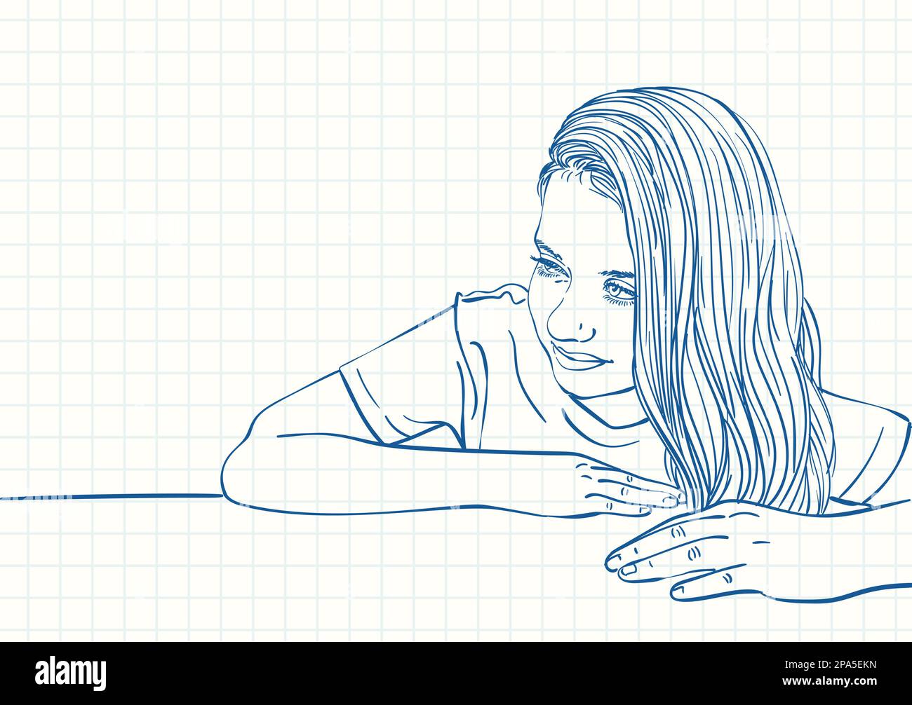 Beautiful shy preteen girl portrait with long hair on one side sitting ...