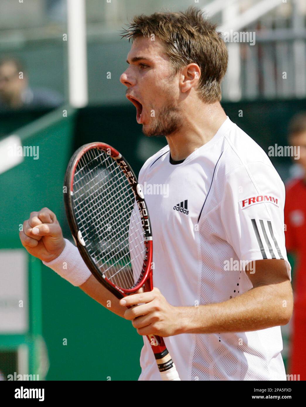 Switzerland's Stanislas Wawrinka celebrates during a men's quarter-final  against James Blake of the United Stastes match, at the Rome Master tennis  tournament, in Rome, Friday, May 9, 2008. Wawrinka won 6-7 (5),