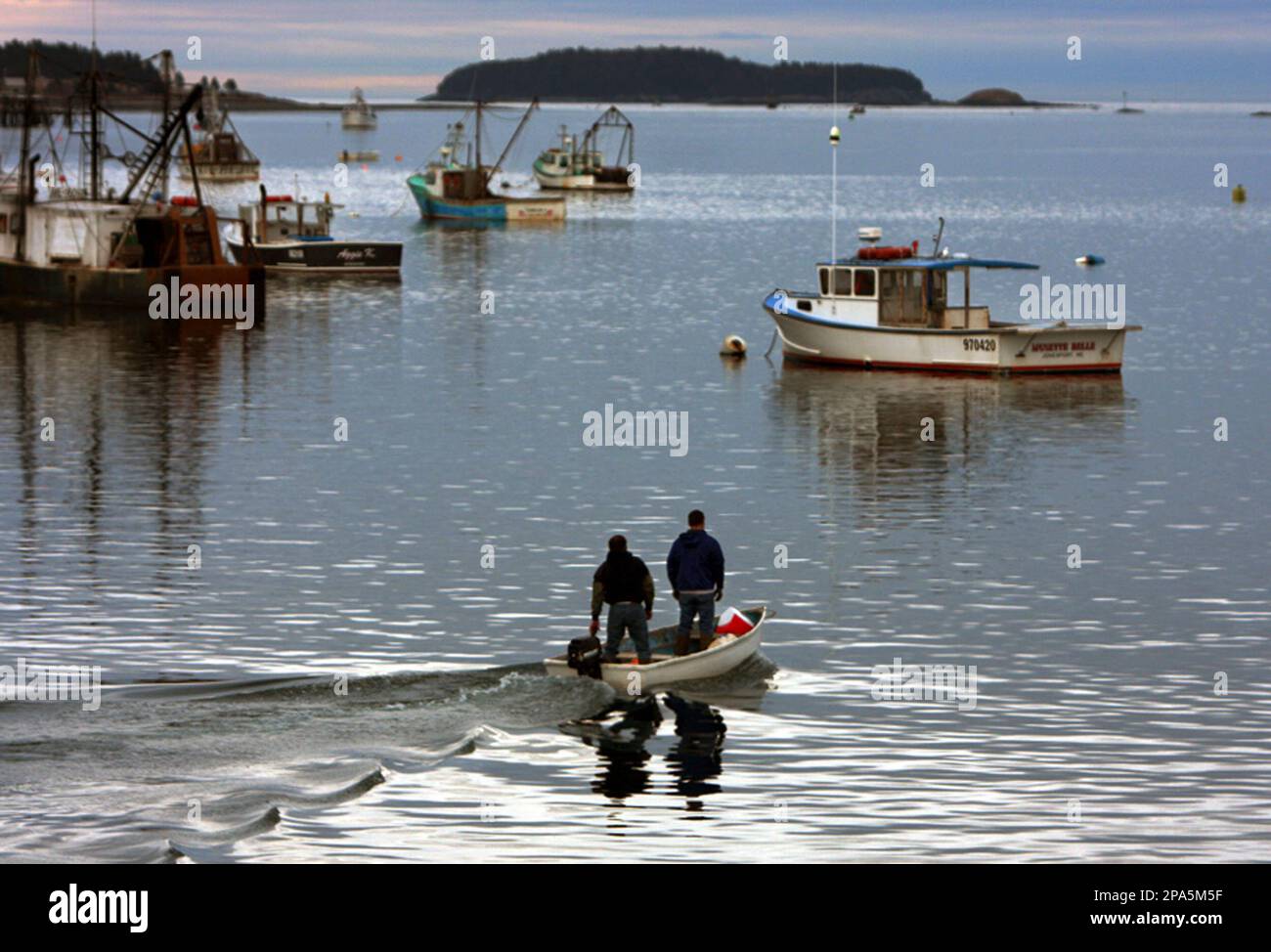 Fishermen head out in a skiff to their boat, for another day of fishing