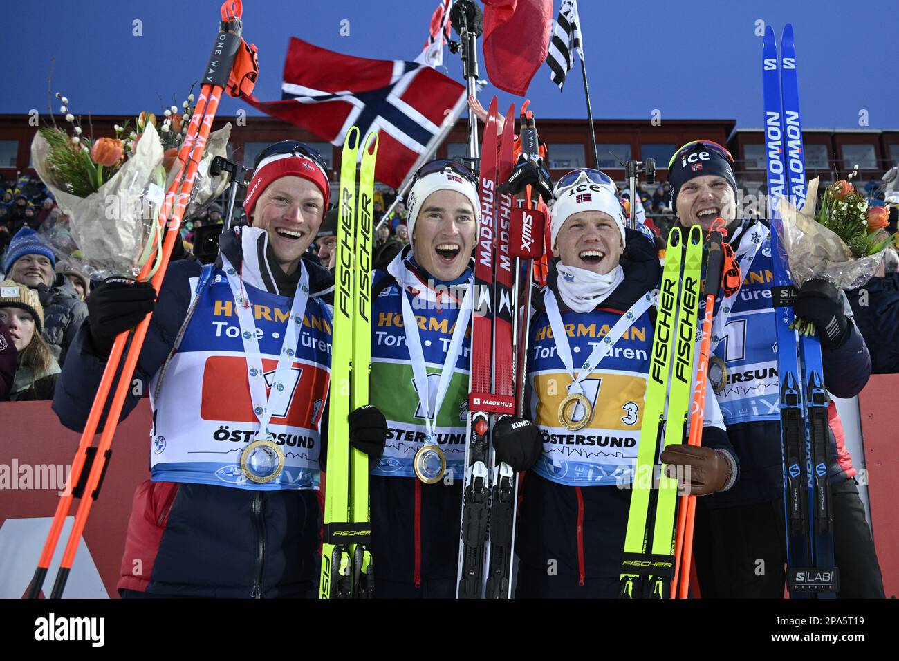 ÖSTERSUND 20230311Norway's winning team (from left) Endre Stromsheim, Vebjorn Sorum, Johannes Dale and Vetle Sjastad Christiansen, after the men's 4x7 Stock Photo