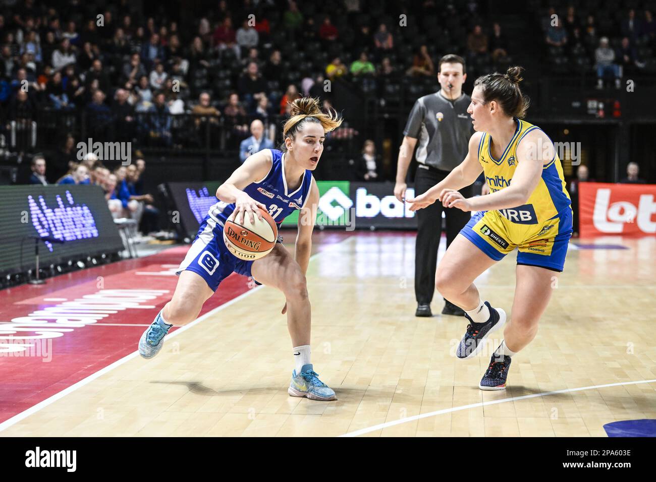 lelik Mechelen's Lisa Berkani and Castors' Reka Lelik pictured in action during a  basketball match between Castors Braine and Kangoeroes Mechelen, Saturday  11 March 2023 in Brussels, the final of the women's Belgian Basketball Cup.  BELGA PHOTO TOM ...