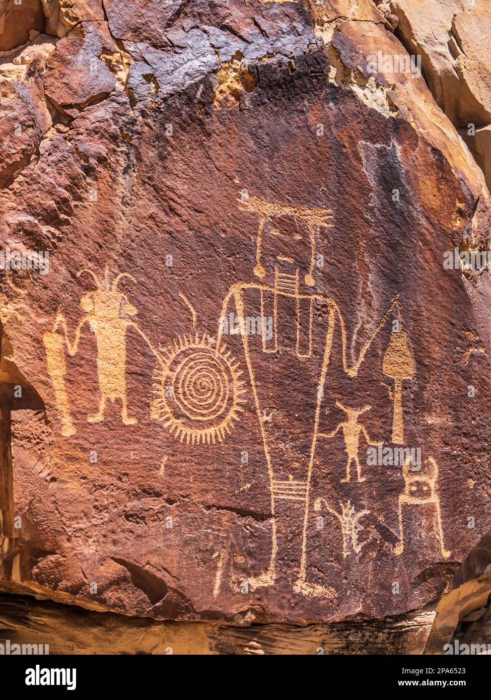Shield man petroglyphs, McKee Springs, Island Park Road, Dinosaur National Monument, Jensen, Utah. Stock Photo