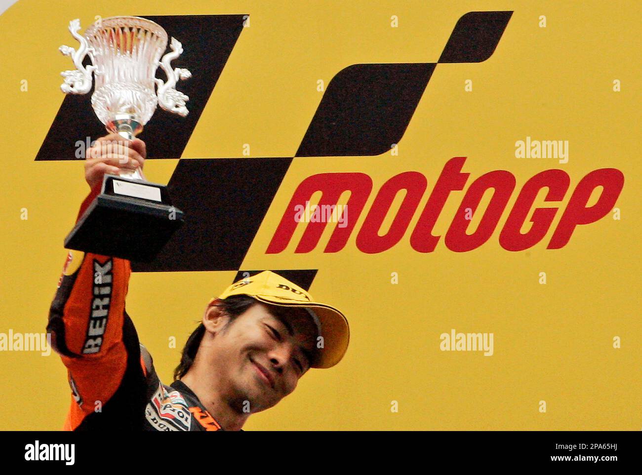 Japanese Rider Japanese rider Hiroshi Aoyama holds his runner-up trophy during the ...