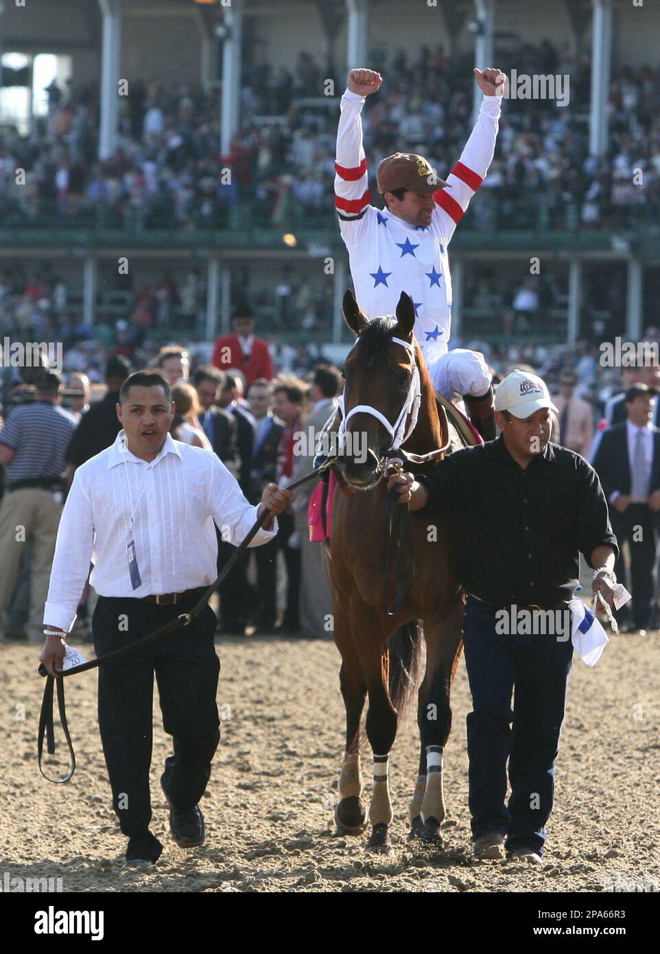 Kent Desormeaux reacts after riding Big Brown to victory in the 134th