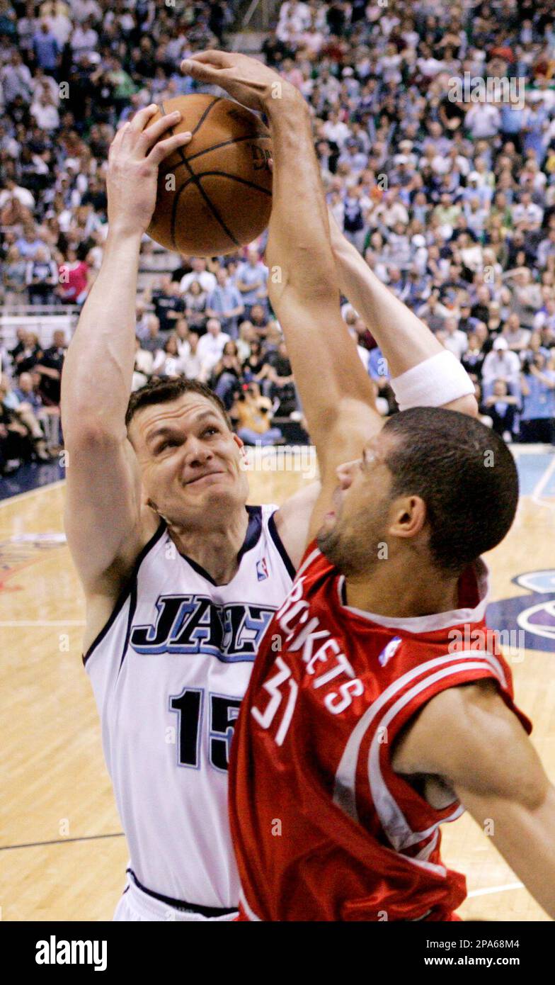 Houston Rockets forward Shane Battier (31) blocks Utah Jazz forward ...