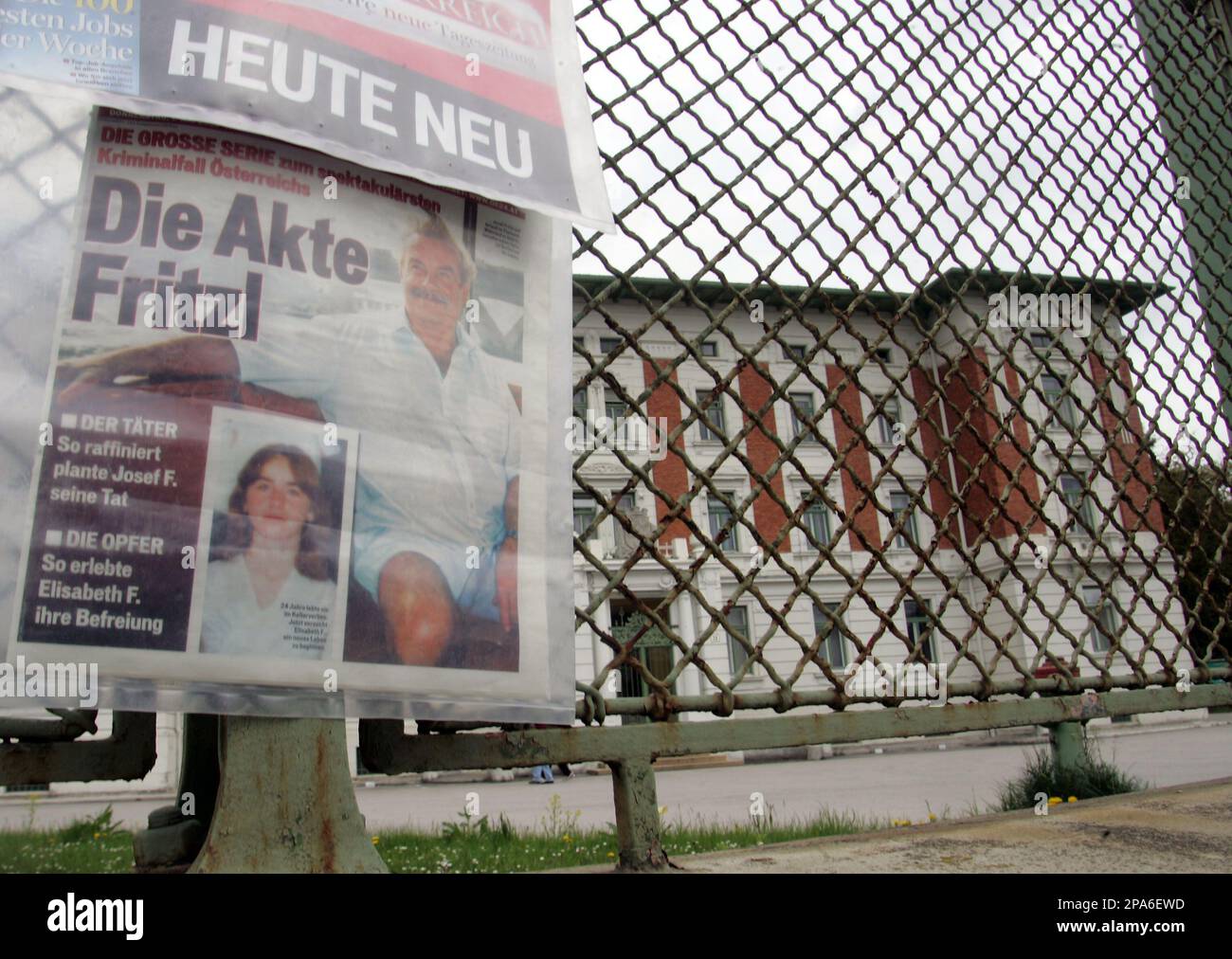 A newspaper hangs in front of the main entrance of the Regional clinic  Mostviertel Amstetten-Mauer, where the victims of the incest crime from  Amstetten are being treated, in Amstetten-Mauer, Austria, on Thursday,