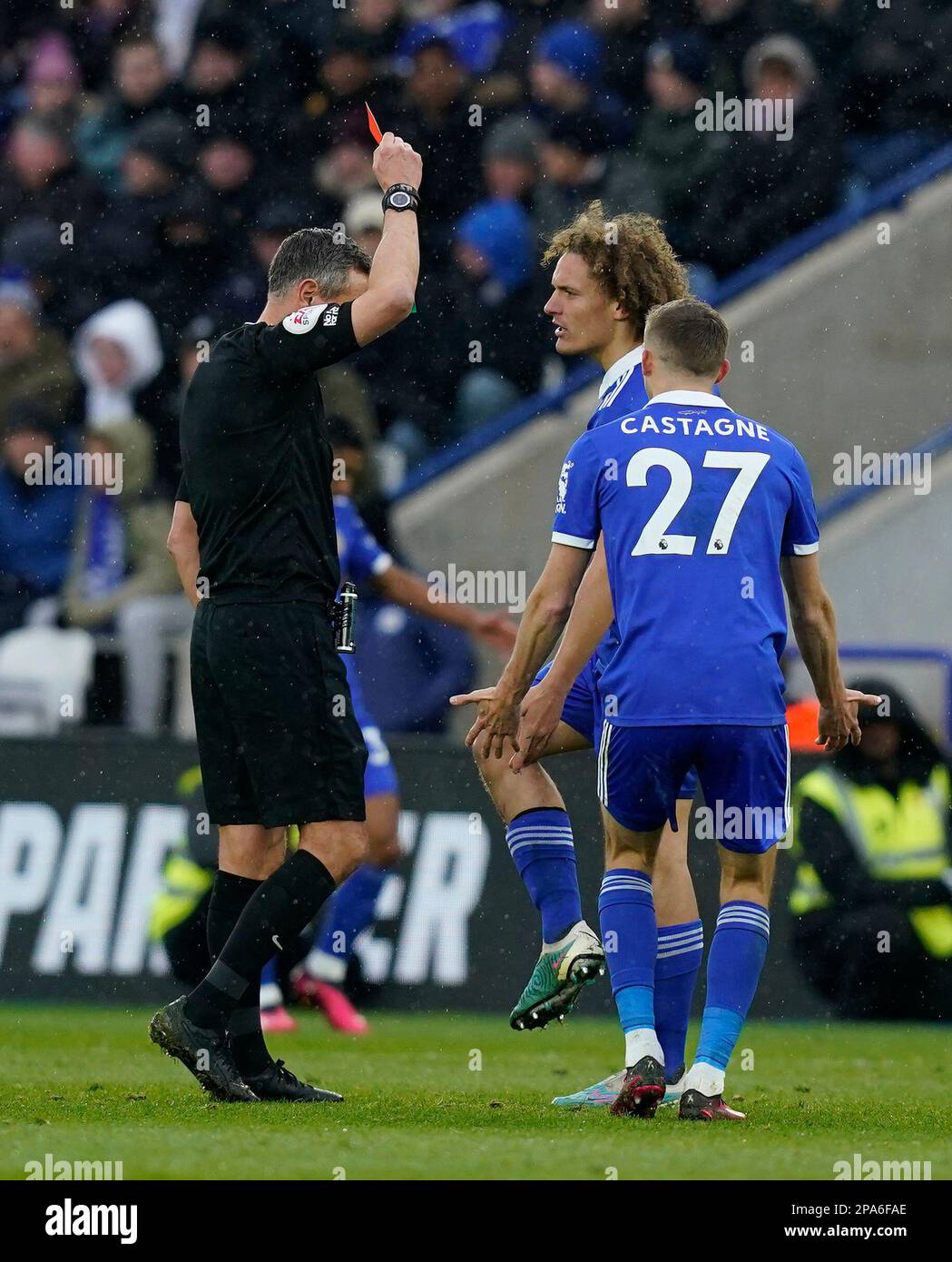 Leicester, UK. 11th Mar, 2023. Referee Andre Marriner shows a red card