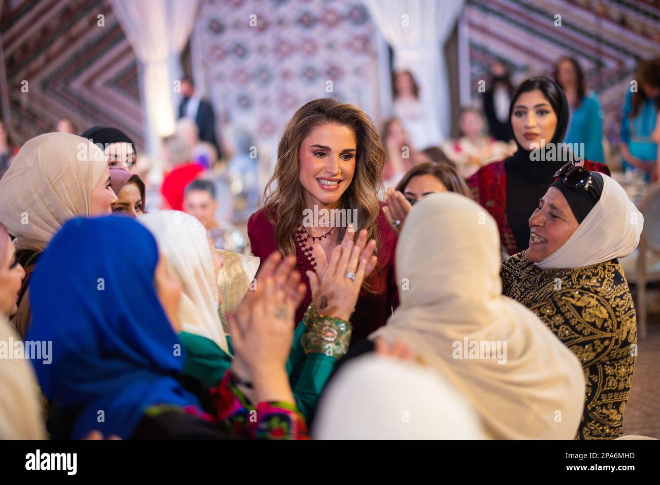 Amman, Jordan. 06th Apr, 2023. Jordan's Queen Rania seen during a traditional Henna party hosted by her mother Princess Rania, as part of the the upcoming ceremonies of the wedding of Princess Iman and Jameel Alexander Thermiotis, in Amman, Jordan on March 7, 2023. Photo by Balkis Press/ABACAPRESS.COM Credit: Abaca Press/Alamy Live News Stock Photo
