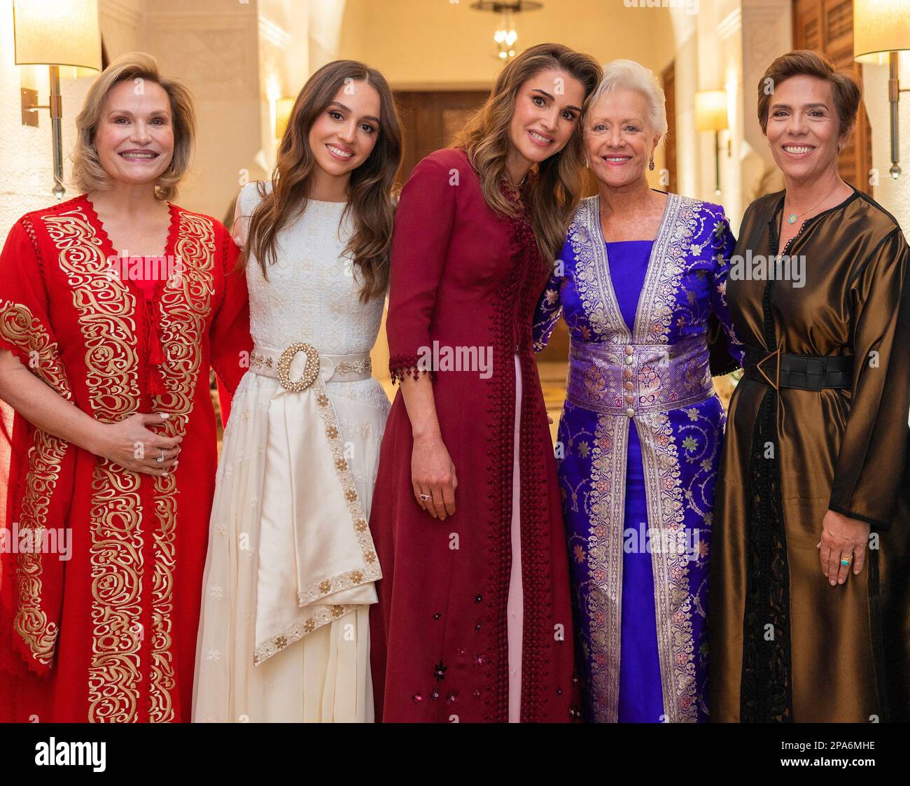 Amman, Jordan. 07th Mar, 2023. L-R : Jordan's Princesses Aisha and Iman, Queen Rain, Princess Muna (King Abdullah's mother), and Princess Zein, seen during a traditional Henna party hosted by her mother Princess Rania, as part of the the upcoming ceremonies of the wedding of Princess Iman and Jameel Alexander Thermiotis, in Amman, Jordan on March 7, 2023. Photo by Balkis Press/ABACAPRESS.COM Credit: Abaca Press/Alamy Live News Stock Photo