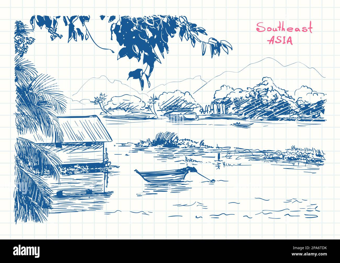 Boat and house on river in Southeast Asia, Blue pen sketch on square grid diary page, Hand drawn vector illustration Stock Vector