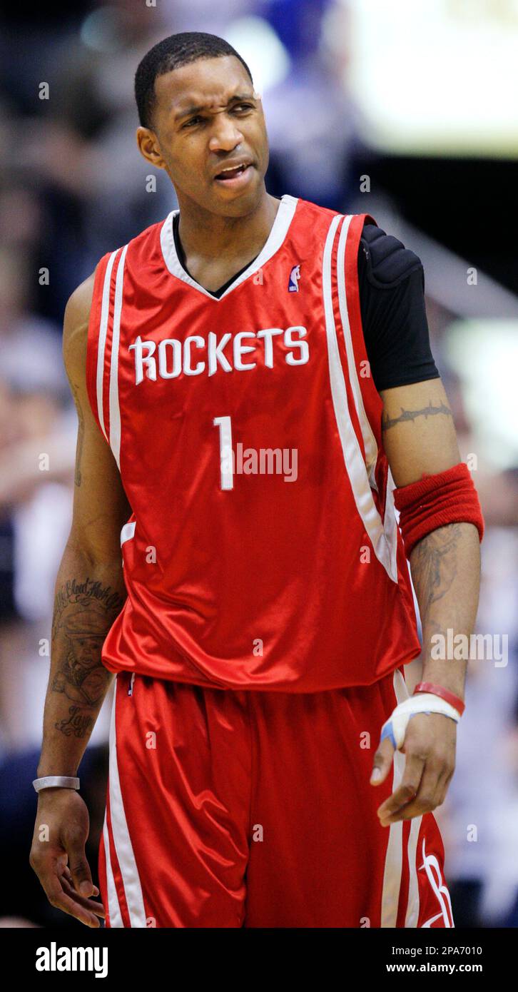 Houston Rockets center Tracy McGrady reacts to a turnover to the Utah Jazz during the fourth quarter of Game 4 of the NBA basketball playoff series Saturday, April 26, 2008, in Salt