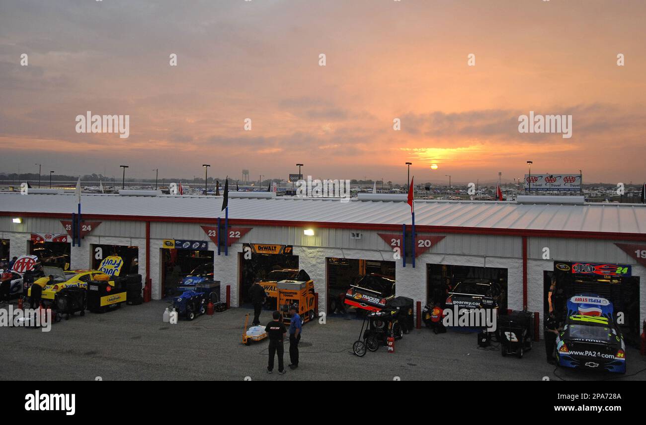 The sun rises over Talladega Superspeedway as NASCAR crew prepare to