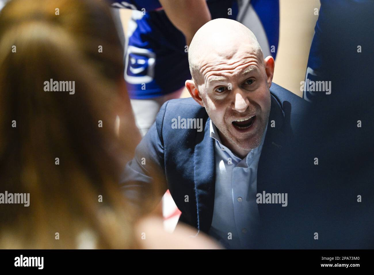 Mechelen's head coach Arvid Diels pictured during a basketball match between Castors Braine and Kangoeroes Mechelen, Saturday 11 March 2023 in Brussels, the final of the women's Belgian Basketball Cup. BELGA PHOTO TOM GOYVAERTS Stock Photo