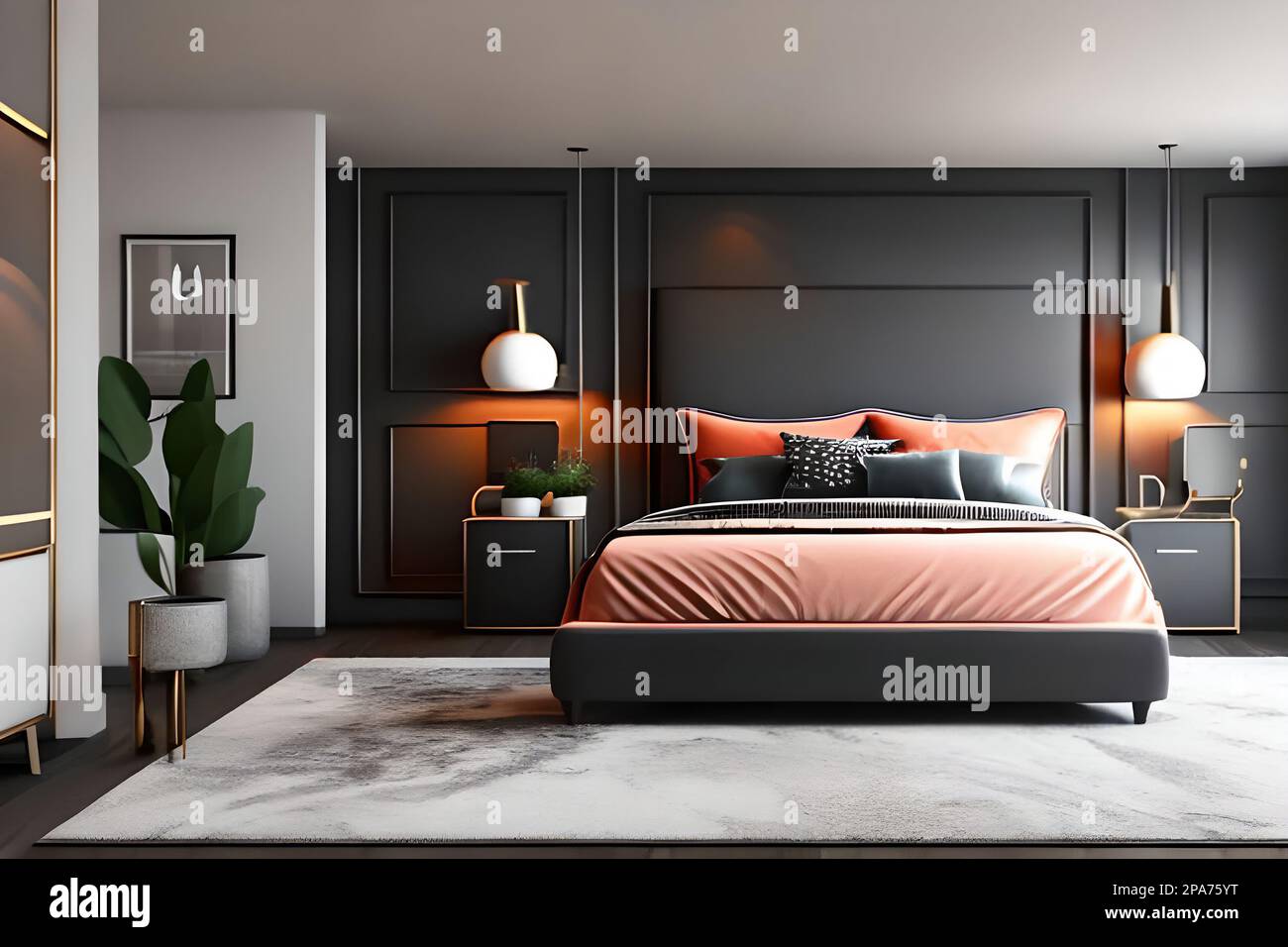 Bedroom interior design concept in modern style. Dominant dark shades