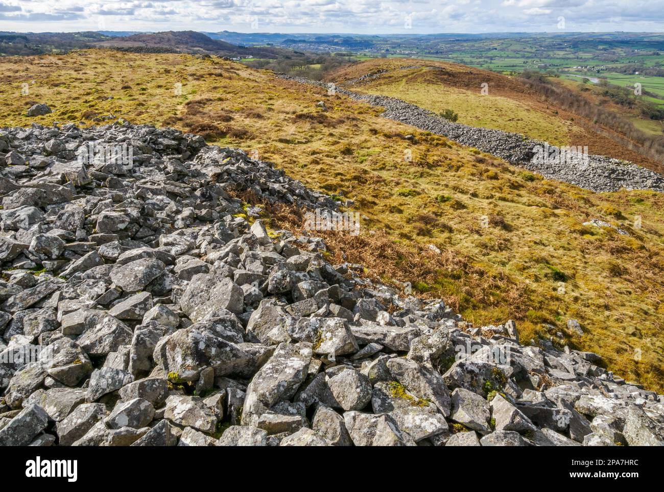 View from the central cairn of Carn or Garn Goch or Red Hill a walled Iron Age hill fort on the northern slopes of the Brecon Beacons South Wales UK Stock Photo