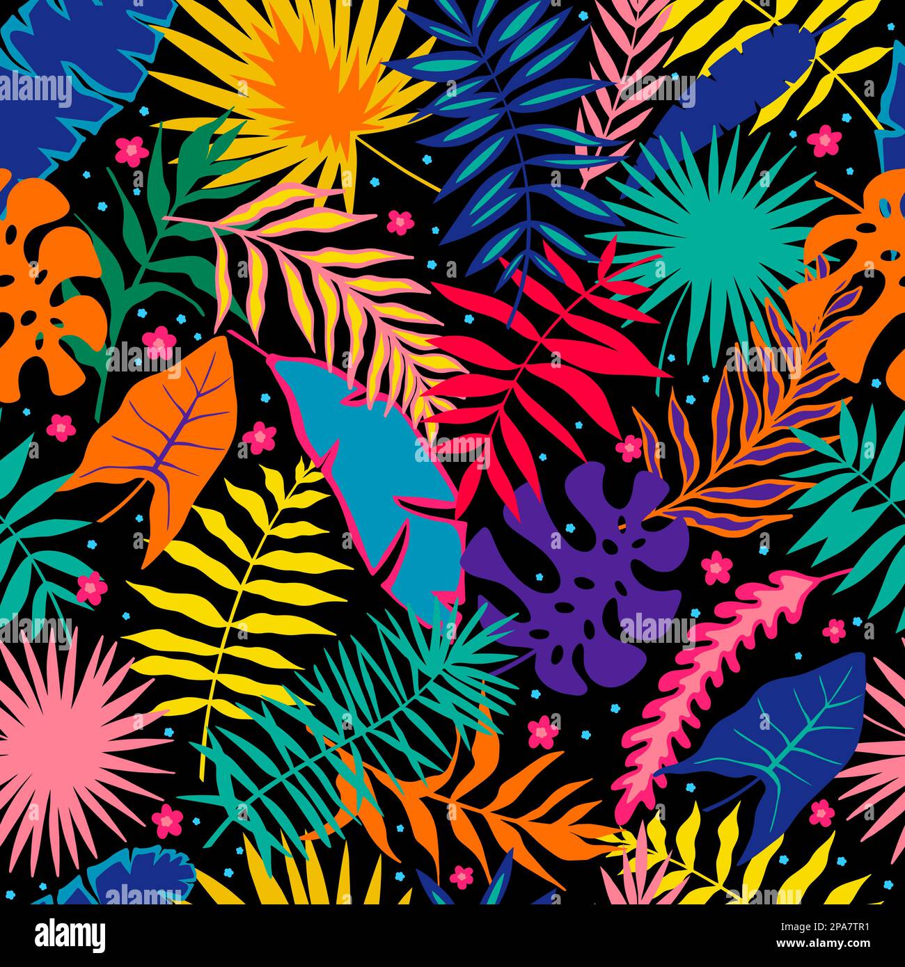 Bright tropical leaves seamless pattern. Cool floral exotic plant in simple modern flat style Stock Vector