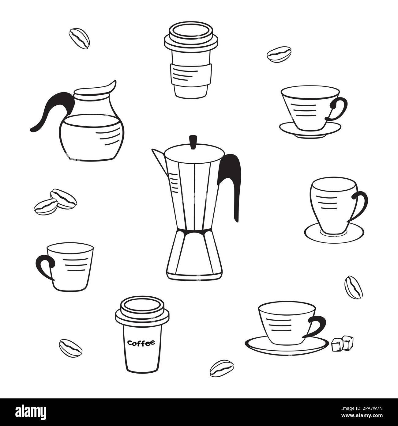 Black and white coffee illustration set. Coffee pot, milk jug, grains