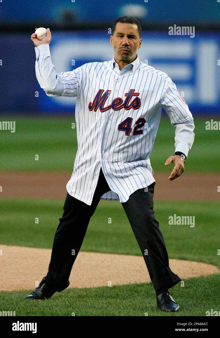 New York Gov. David Paterson, who is legally blind, throws out the  ceremonial first pitch before the Washington Nationals faced the New York  Mets in a baseball game on Jackie Robinson Day