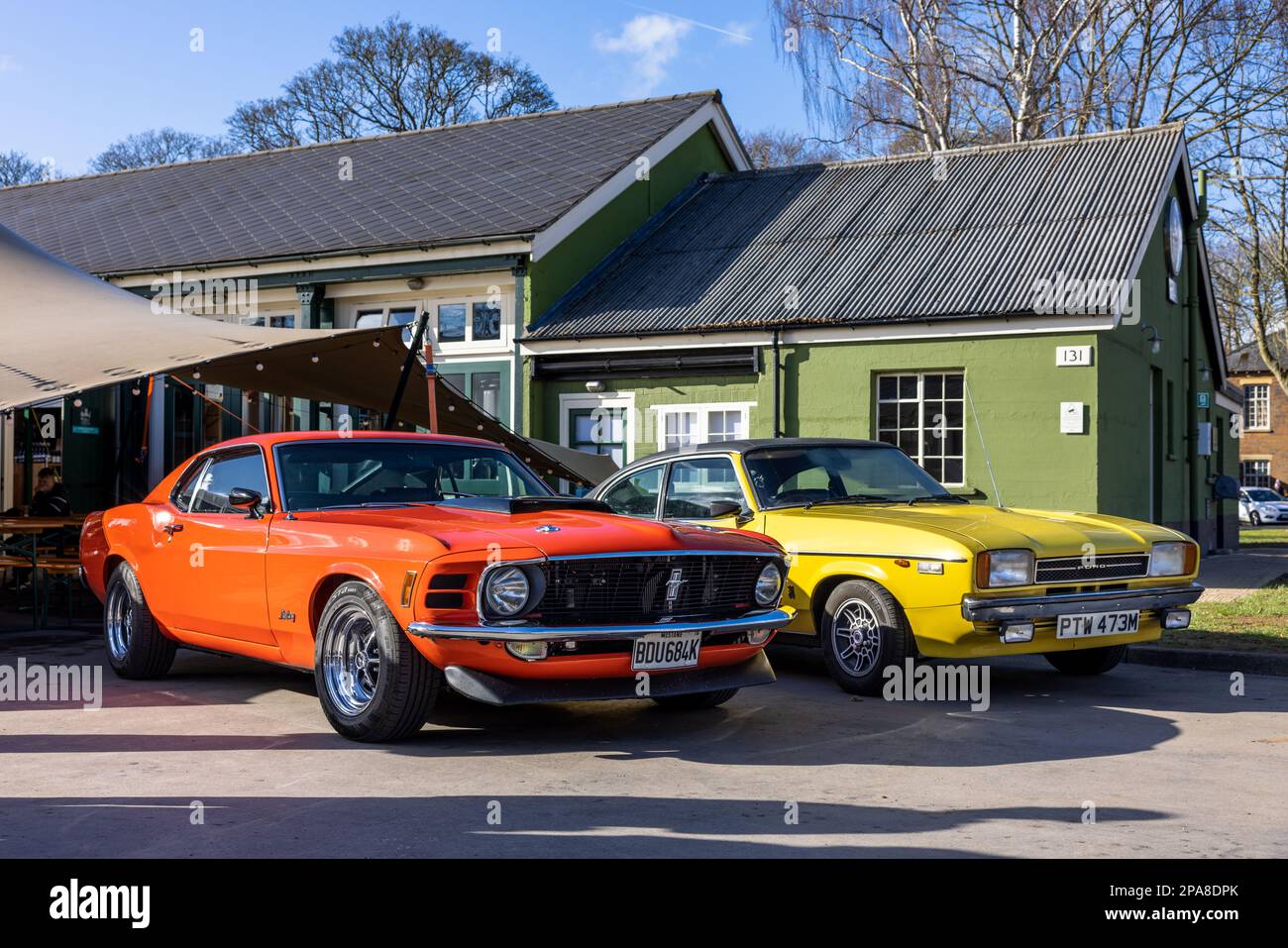 1970 Ford Mustang &1974 Ford Capri II 3000 GT on display at the Ford assembly held at the Bicester Heritage Centre 26th February 2023 Stock Photo