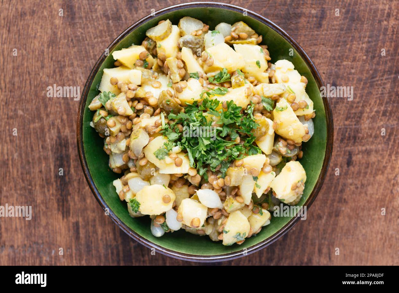 Overhead view of a German Lentil Potato Salad Stock Photo