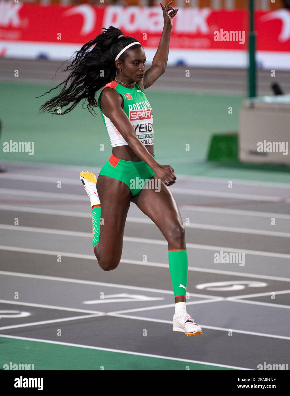 Evelise Veiga of Portugal competing in the women’s long jump final at