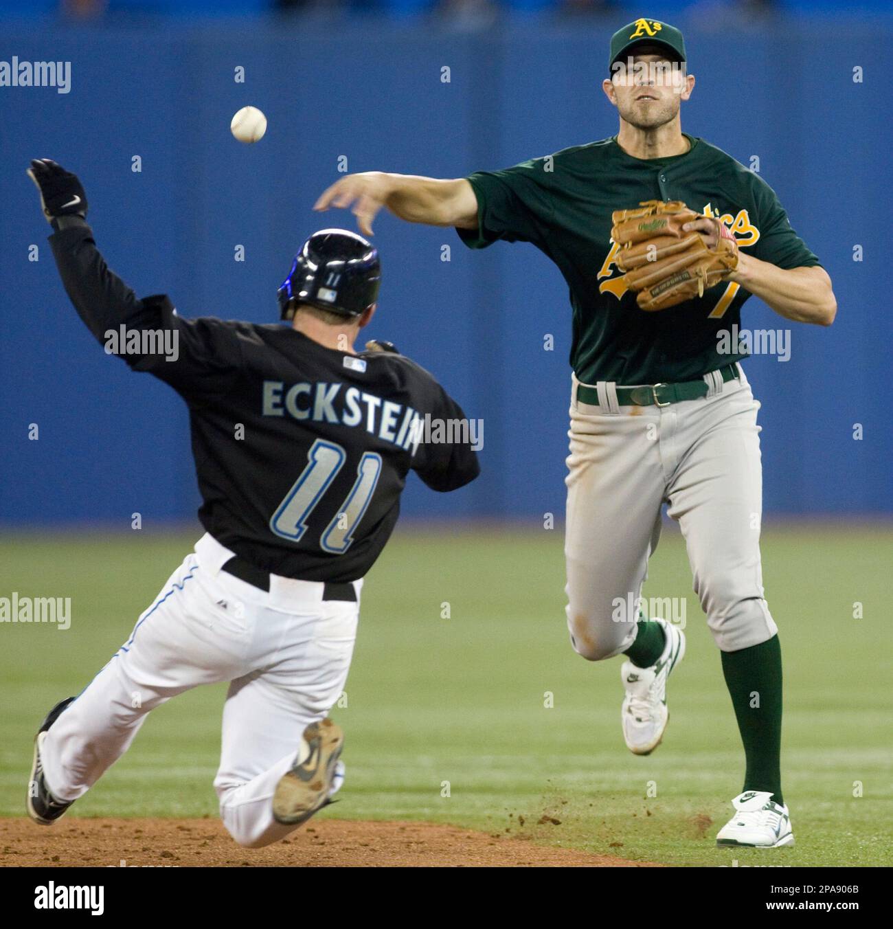 Oakland Athletics' short stop Bobby Crosby makes the throw to first for the  double play on Toronto Blue Jays' David Eckstein on a hit from Matt Stairs  in the second inning of