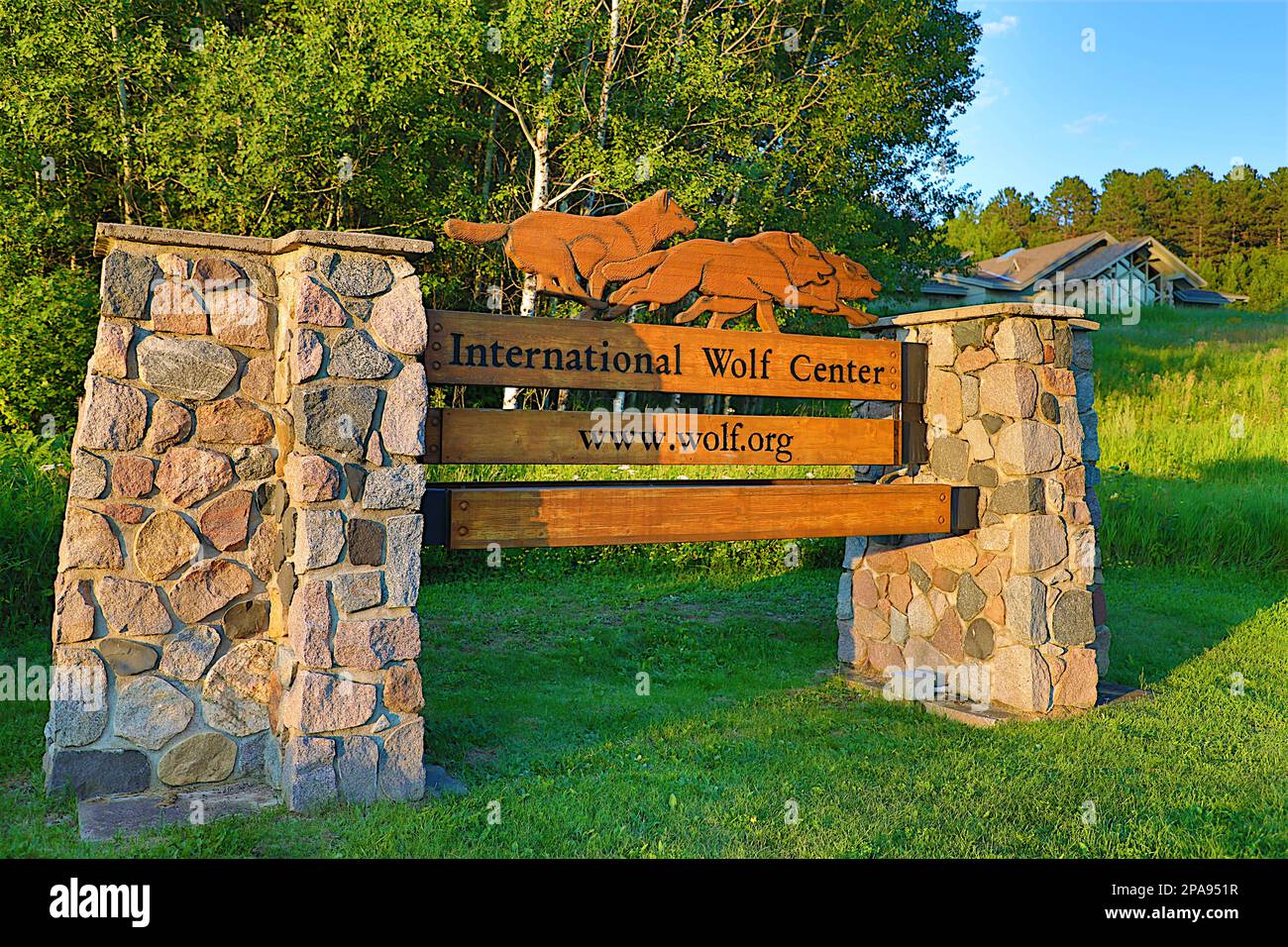 International Wolf Center Entrance Sign in Ely Minnesota Stock Photo