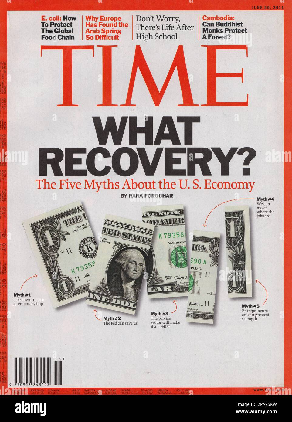 Time magazine cover page form June 20 2011, Time first page What recovery? The five myths about the US economy? Stock Photo