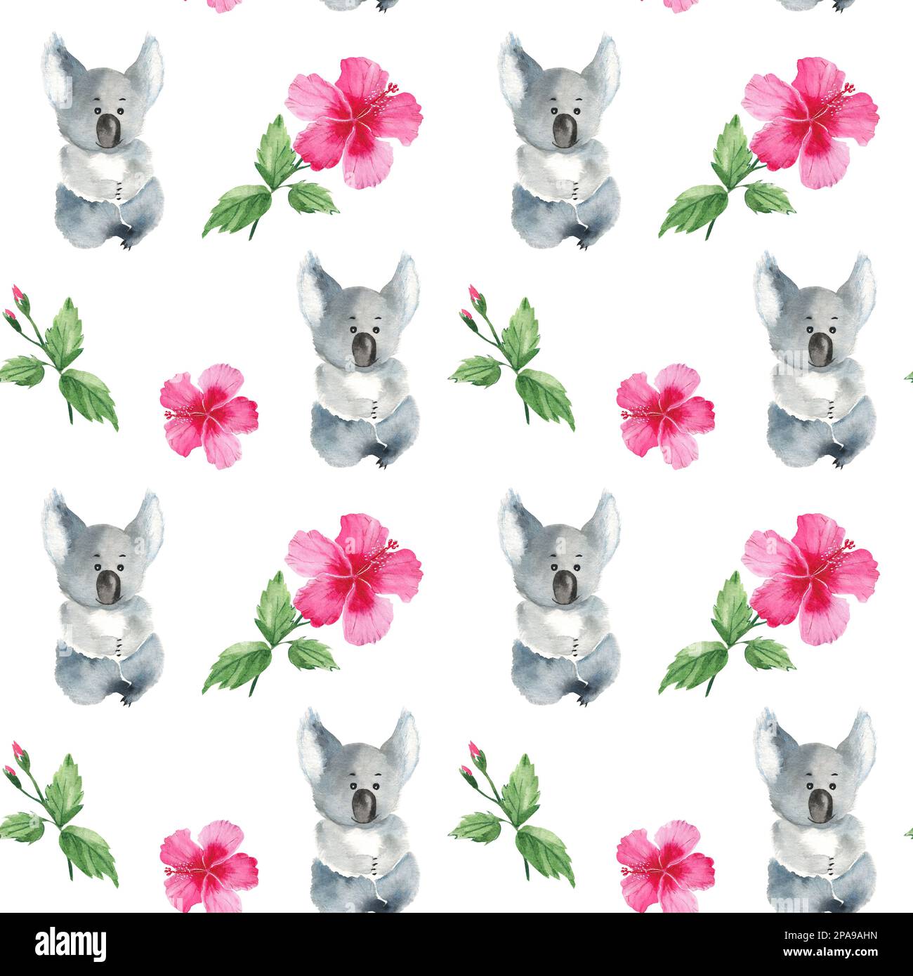 Seamless pattern with cute koala, hibiscus leaves and flowers ...